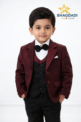 Bhagdadi Kids Star Boys 4-Piece Formal Suit – Red Designer Coat Pant Set