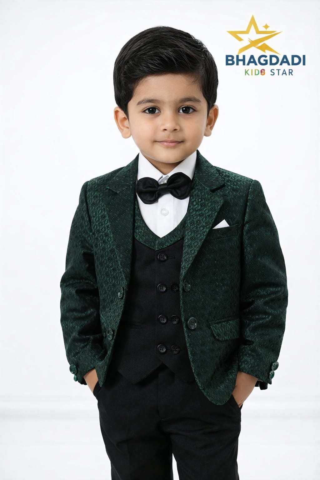 Bhagdadi Kids Star Boys 4-Piece Formal Suit – Green Designer Coat Pant Set