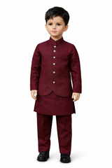 Boys Mehroon colour  3 Piece Prince Suit | Kurta Pajama with Waistcoat | Kids Festive Wear